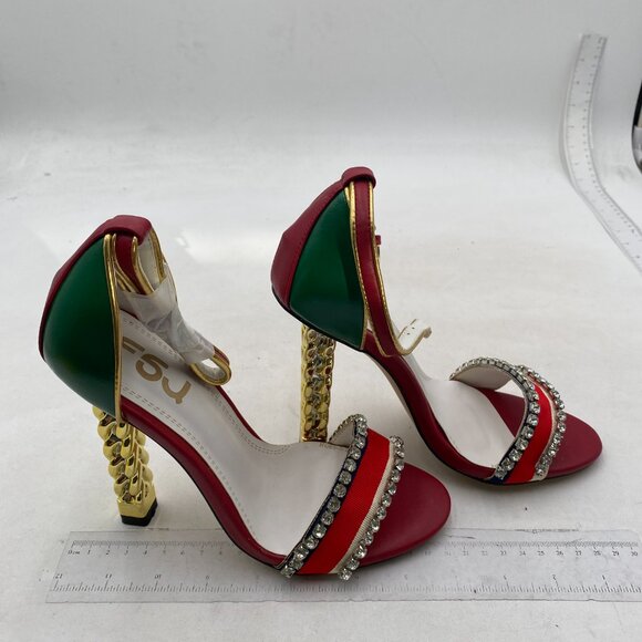 FSJ Women Flower Gold Metal Chain Chunky High Heels Ankle Strap Sandal Red Green - Picture 4 of 8